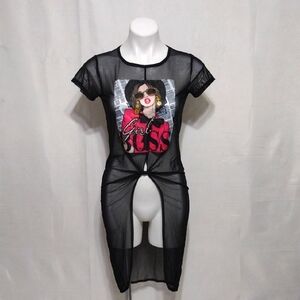 Occasion Edgy Black Mesh Embellished Graphic Top Short Sleeve GIRL BOSS Tee M